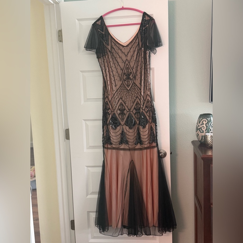 Beaded Black Mesh Overlay Evening Dress with Nude Lining